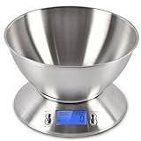Retoo Küchenwaage mit Schüssel 1,8 L und LCD-Display, Wägebereich bis 5 kg, Präzision bis zu 1 g, Elektronische Kochwaage aus Edelstahl, Waage mit viele Maßeinheiten und viele Funktionen