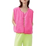 Damen-Fleeceweste, ärmellos, V-Ausschnitt, Druckknopfleiste, Cardigan, lockere Passform, flauschig, warm, Weste, Winter-Outwear, A-Pink, L