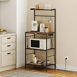 MAHANCRIS Küchenregal, Standregal, Bäckerregal mit Steckdose, 6 S-Haken und 4 Ebenen, 57 x 35 x 131,7 cm, Mikrowellenständer für Küche, Esszimmer, Wohnzimmer, Vintagebraun und Schwarz ABRHR35UE01