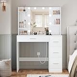 TEENFON Schminktisch mit Spiegel und Beleuchtung, Make-up Schminktische mit Steckdose, Schminktisch mit 4 Schubladen, 4 offenen Regalen, 5 Schmuckhaken für Schlafzimmer, Weiß