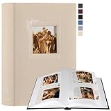 Lanpn Fotoalbum zum Selbstgestalten und Einkleben, Kleines Leinen Fotobuch Fensterdesign 60 weißen Seiten mit Pergamin Trennblätter Fasst 9x13cm 10x15cm 13x18cm Fotos (19x27cm, Beige)