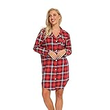 Misscoo Nachthemd Damen Langarm - Schlafhemd Button-Down Frauen Baumwoll Schlafhemd Langarm Nachthemd Flanell Nachthemd Plaid Rot L