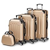 LALAHO Kofferset 4 teilig, Reisekoffer Set mit Kosmetikkoffer, Hartschalen Koffer Set aus ABS, Gepäckset mit Schminkkoffer, Handgepäck und 4 Eckenschützern, Champagnergold