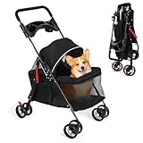 2in1 Hundewagen bis 15 kg, Hundebuggy mit 1 Getränkehaltern, Hundebox Transporttasche Faltbar klappbar mit Feststellbremse, Bollerwagen für Hunde, 48 cm * 68 cm * 95cm (Schwarz)