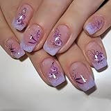 Auiremrti 24 Stück Lila French Press-on-Nägel, kurze, quadratische Kunstnägel,Künstliche Nägel zum Aufdrücken mit lila Blumendesign,Vollständige Abdeckung