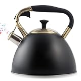 Wasserkessel Induktion 3L, Flötenkessel Edelstahl, Teekessel mit Automatischer Pfiff, Wasserkocher für Tee Kaffee, Pfeifkessel Retro Flötenkessel Wasserkessel für Elektroherd und Gasherd, Schwarz