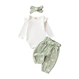 Geagodelia Baby Mädchen Kleidung Babykleidung Outfit Set Langarm Body Strampler + Gänseblümchen Hose + Stirnband Neugeborene Weiche Babyset (Grün, 0-3 Monate)