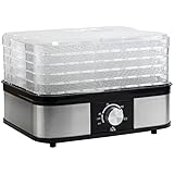 HOMCOM Dörrautomat Dörrgerät mit 5 Einlegefächer, 35-70°C, Obsttrockner Dehydrator für Fleisch Obst Haustier-Leckereien Edelstahl Silber+Transparent 32 x 25 x 29cm