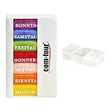 com-four® Medikamentendosierer 7 Tage - Medikamenten-Box (Morgens, Mittags, Abends) - Pillendose - Tablettendose - Wochendosierer + Pillendose mit 3 Fächern (01 Stück - weiß mit Zubehör)