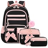 Amythe Schulrucksack Mädchen 3 Teilig, Schulranzen Kawaii 3. bis 7. Klasse mit Lunch Tasche Federmäppchen Gymnasium Fliege Dekoration mit Anti-Diebstahl-Tasche 24L-Rosa Schwarz