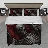 LANDERSION Halloween Bettbezug Set 3 Stück Romantisches Skelett mit rotem Brautkleid Bedrucktes Bettwäsche Set mit Reißverschluss 2 Kissenbezüge 180x200cm