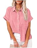 Bluse Damen Sommer Kurzarm Blusenshirt Baumwolle Leinen Tshirt Hemdbluse Musselin Bluse Hemd Tunika mit Tasche Basic Tops Oberteile Blusen V Ausschnitt T Shirts Trachtenbluse Leinenbluse Leinenhemd