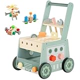 Asweets Lauflernwagen aus Holz für Babys, Aktivitätscenter Set mit Werkzeugbank für Kinder, Montessori Lernspielzeug für Kinder, die laufen lernen, Wooden Baby Push Walker(Grün)