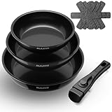 Pfannenset mit Abnehmbarer Griff, Pfanne Induktion, Bratpfanne mit Antihaft beschichtung, 7-Teiliges, 20+24+28 cm Platzsparend Keramik Pfannen, Pfannen Set für alle Herdarten, Spülmaschinen, Ofenfest