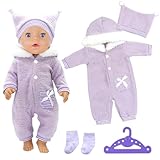 4 Stück Puppenkleidung für 14-18 Zoll Babypuppen, Süßes Overall Outfit für Neue Babypuppen mit Jumpsuit, Mütze, Socken und Kleiderbügel, 35-45 cm modische Neue Babypuppen Kleidungs Outfits(Lila)