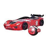 Coemo Autobett Dream Racer Sport Rot Kinderbett im Rennauto-Design mit Lattenrost 90x200 Kunstleder Sportsitze, Spoiler mit Aufklebern, LED Beleuchtung Spielbett für Jungen und Mädchen