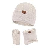 Wintermütze Herren Damen Strickmützen Winter Warm Mütze Touchscreen Handschuhe und Schal 3 STÜCKE Dick Fleece Gefütterte Thermo Beanie mit Bommel Schals Winterhandschuhe Strickhandschuhe