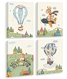 KAIRNE 4er Set Poster Kinderzimmer, Tiere Wandbild Mit Rahmen (20×25CM), Flugzeug Heißluftballon Bilder, Wandbilder für Babyzimmer Deko Junge Mädchen Dschungel Safari