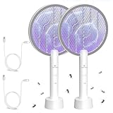 GOOQAND 2er Elektrische Fliegenklatsche, 4000V Elektro Mückenklatsche, UV Elektrischer Fliegenfänger, 2 in 1 Mückenlampe Mücken, USB Insektenfalle mit Ladebasis Innen Außen