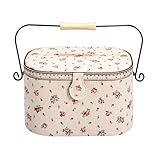 Prym 612141 Nähkorb Country Rose mit Griff, Leinen/Metall/Holz, elfenbeinfarben, L