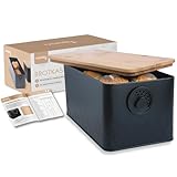 Vondy Brotkasten Schwarz - Langlebiger Brotkasten mit verstellbarer Belüftung für dauerhafte Frische - Brotkasten Metall mit Bambus holz deckel - (33 * 18 * 16cm)