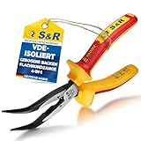 S&R VDE Flachrundzange gebogen 200 mm, mit Schneide, Spitzzange hitze- und induktionsgehärtet für professionellen Einsatz, Härte HRC 66, 2-Komponenten-Griffe mit Abrutschschutz, Storchschnabelzange