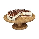 Relaxdays Tortenplatte rund, 33 cm, aus Bambus, mit Standfuß, H x D: ca. 11,5 x 33 cm, natur