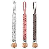 Luvadeyo® Schnullerkette Baumwolle Schnullerband, Holzclip, handgewebtes, moderner Kastrationsstil Babygebrauch (3-Sätze Weiß/Khaki/Pulver)