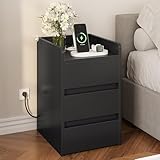 YITAHOME Nachttisch mit 3 Schubladen und Netzteil, Nachtkommode mit Ladestation, 2 USB-Anschlüssen und Steckdosen, wasserfester Beistelltisch für Wohnzimmer und Schlafzimmer, 35 x 40 x 60cm (Schwarz)