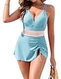 seamoly Einteiliges Damen-Badekleid, Bauchkontrolle, V-Ausschnitt, gerüschter Kordelzug, Sarong-Wickel-Badeanzug, Blau, XL
