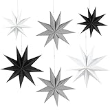 HBSTK 6 x Faltstern Weihnachten Papiersterne 9 Zacken Faltsterne Sterne Papier 3D Sterne zur Dekoration von Fenster Weihnachtsbaum Advent 2 x Φ25 cm, 2 x Φ30 cm, 2 x Φ45 cm (Schwarz, Weiß, Grau)