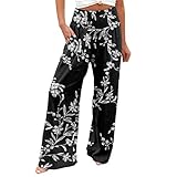 Bedruckte Hose mit weitem Bein für Damen, elastische hohe Taille, weites Bein, Palazzo-Hose Damen Kurze Hose Stoff (Black #4, L)