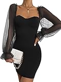 SheIn Damen Figurbetontes Kleid Netz Volant Ärmeln Minikleid Partykleid Bleistift Kleider Herzausschnitt Tanzkleid Schwarz S