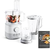 SPRINGLANE Food Processor 1000 W, 1,5 L Glasbehälter, inkl. 4 Schneidescheiben, Messereinsatz, Knethaken, 150 ml Mini-Zerkleinerer, Rezeptheft - Weiß