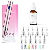 Dessnill Dermapen Elektrische Microneedling Pen Micronadeln Pen 0-2,0mm mit 7 Model LED Licht, mit Hyaluronsäure Anti-Aging Anti Falten Gesichtsserum (Inkl. 12 Nadeln Patronen)