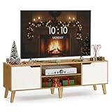 VASAGLE TV-Schrank, Lowboard, Fernsehschrank mit Verstellbarer Ablage, für Fernseher bis zu 65 Zoll, 147 cm lang, Übergangsstil, Fernsehtisch, Wohnzimmer, natureichenfarben-cremeweiß LTV556Y01