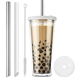 VITEVER Bubble Tea Cup, 24oz Eiskaffeebecher mit Strohhalm und Deckel, Auslaufsicherer Klarer Kunststoff Bubble Tea Tumbler, Doppelwandiger isolierter Smoothie Becher, weiß