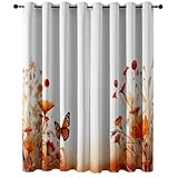Blickdicht Ösen Vorhang Handgezeichnet Pflanzen Blumen Schmetterlinge, Orange Farbe Druck Verdunkelungsvorhang, Schallschutz Schiebegardine für Schlafzimmer Wohnzimmer, H 175 x B 135 cm (2er Pack)