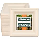HAAGO 100 Umweltfreundliche Zuckerrohrteller Biologisch abbaubar & Heim Kompostierbar - Wie Pappteller, Einwegteller für warme und kalte Speisen - 20cm/8“