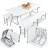 Arebos Bierzeltgarnitur 3-teilig Set Tisch + 2 x Bank | Festzeltgarnitur für drinnen - draußen | Biertisch Set | Zusammenklappbar & mit Tragegriff Campingtisch | Weiß