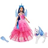 Barbie Ein verborgener Zauber - Puppe mit Einhorn, pinkfarbenes Kleid mit Saphirblauen Details, Einhorn-Stirnband, abnehmbare Saphirflügel und Einhorn-Schwanz, für Kinder ab 3 Jahren, HRR16