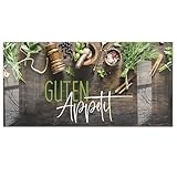 Küchenbild aus Acrylglas modernes Wandbild Glasbild Deko Küche XXL Acryl-Bild wie Glas | 100x50cm Kräuter& Gewürze auf rustikalem Holztisch, Guten Appetit