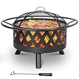 TLSUNNY Feuerschale, Ø 80cm Feuerkorb mit Funkenschutz und Schürhaken, Feuerschalen für den Garten Groß, Feuerstelle mit Grill, BBQ Feuerstelle Outdoor, Retro-Look Fire Pit, Zum Grillen und Heizen