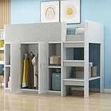 Hochbett Holzbett 90 x 200cm mit Kleiderschrank und Offene Ablagefächer, Kinderbett Einzelbett Funktionsbett mit Leiter und Regalen für Jungen oder Mädchen (Grau)