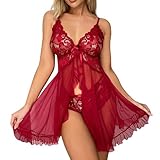 duaicnvow Damen-Dessous-Set, florale Spitze, Teddy, Neckholder, tiefer V-Ausschnitt, rückenfrei, Nachtwäsche, Negligee, durchsichtiger Netzstoff, Strapsrock, rot, XL