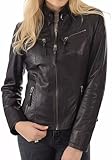 Schwarze Damenjacke aus echtem Leder, Biker-Motorrad-Stil mit Stehkragen, Reißverschluss vorne, mehrere Taschen, perfekt für Freizeit und Motorrad, Schwarz , 46