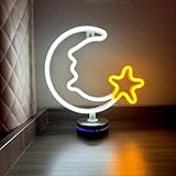 HFHungkeong Standbares Schreibtisch Mond Stern Neonlichtschild mit Sockel, LED Mondlampen USB- oder 3 AA-Batterien für Kinderzimmer, Wohnzimmer, Büro, Geburtstag, Hochzeit, Weihnachtsdekoration