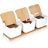 Robin Goods® 7-teiliges Porzellan-Schalen Set mit Löffel und Deckel - Marmeladen- und Zuckerspender mit Servierbrett aus Bambus fürs Frühstücksbuffet - Gewürzdosen aus Keramik (7-TLG.- eckig)