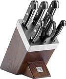 ZWILLING Gourmet Selbstschärfender Messerblock, 7-teilig, Messerset und Schere aus rostfreiem Spezialstahl/Kunststoff-Griff, Holzblock Esche, Braun [Made in Germany]