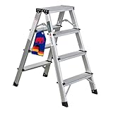 PROREGAL Trittleiter 4 Stufen klappbar Alu Stehleiter Aluleiter beidseitig begehbar bis 150kg belastbar 78x35x69cm Aluminium rutschfest Stufenstehleiter leicht Klapptritt Tritthocker